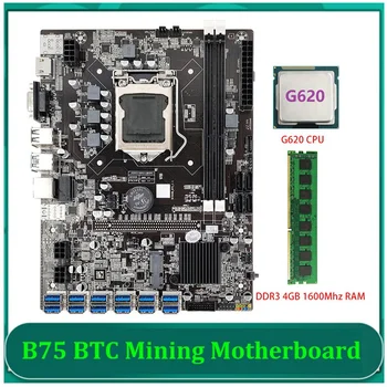 VROČE-B75 BTC Rudarstvo Matično ploščo 12 PCIE Na USB Adapter Z G620 CPU+4GB DDR3 1600Mhz RAM LGA1155 B75 USB ETH Rudarstvo