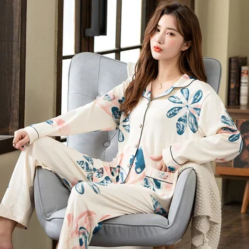 Celotno Bombažno Pižamo Za Ženske je iz Pižame Gumb Jopico Homewear Pomlad Pijamas Mujer Big Metrov 4XL Sleepwear More 2Pcs
