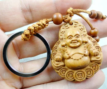 Naravni mahagoni tri-dimenzionalno graviranje Buda lesa keychain realne ključ obroč, nakit, darilo za moške in ženske 1pc