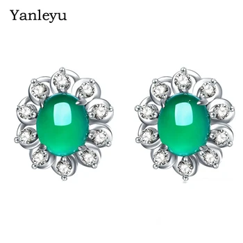 Yanleyu Luksuzni 925 Srebro Iglo Uhani Sintetičnih Gemstone Ustvarili Jade Cvet Stud Uhani za Ženske, Modni Nakit PE018