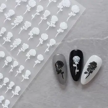 1 List Nail Art Nalepke polprepustno Samolepilne francoskem Slogu DIY Black White Rose Cvet Meglo Manikura Decal za Salon Nohtov