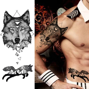 Črna Wolf Začasne Tetovaže 3D Ponaredek Geometrijske Planetov Totem Tatoos Nalepke Za Ženske Moški Body Art Roko Noge Tattoo, ki Za Pogodbenice Klub