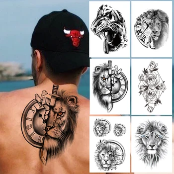 Meč Kompas Lev Začasne Tetovaže Za Moške, Ženske Odraslih Geometrijske Cvet Tattoo Nalepke, 3D Pošast Ponaredek Hudič Black Tatoos Nazaj