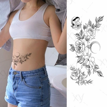 Luna Cvet Ponaredek Tattoo Nalepke Ženski Pika Rose Peony Začasno DIY Prenos Vode za Dekle Ženske Moški
