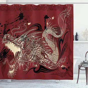 Dragon Tuš Zavesa, Jezni Zmaj Doodle na Grunge Ozadju Japonski Vzhodni Eteričnimi Vzorec Tiskanja, Tkanine, Tkanine